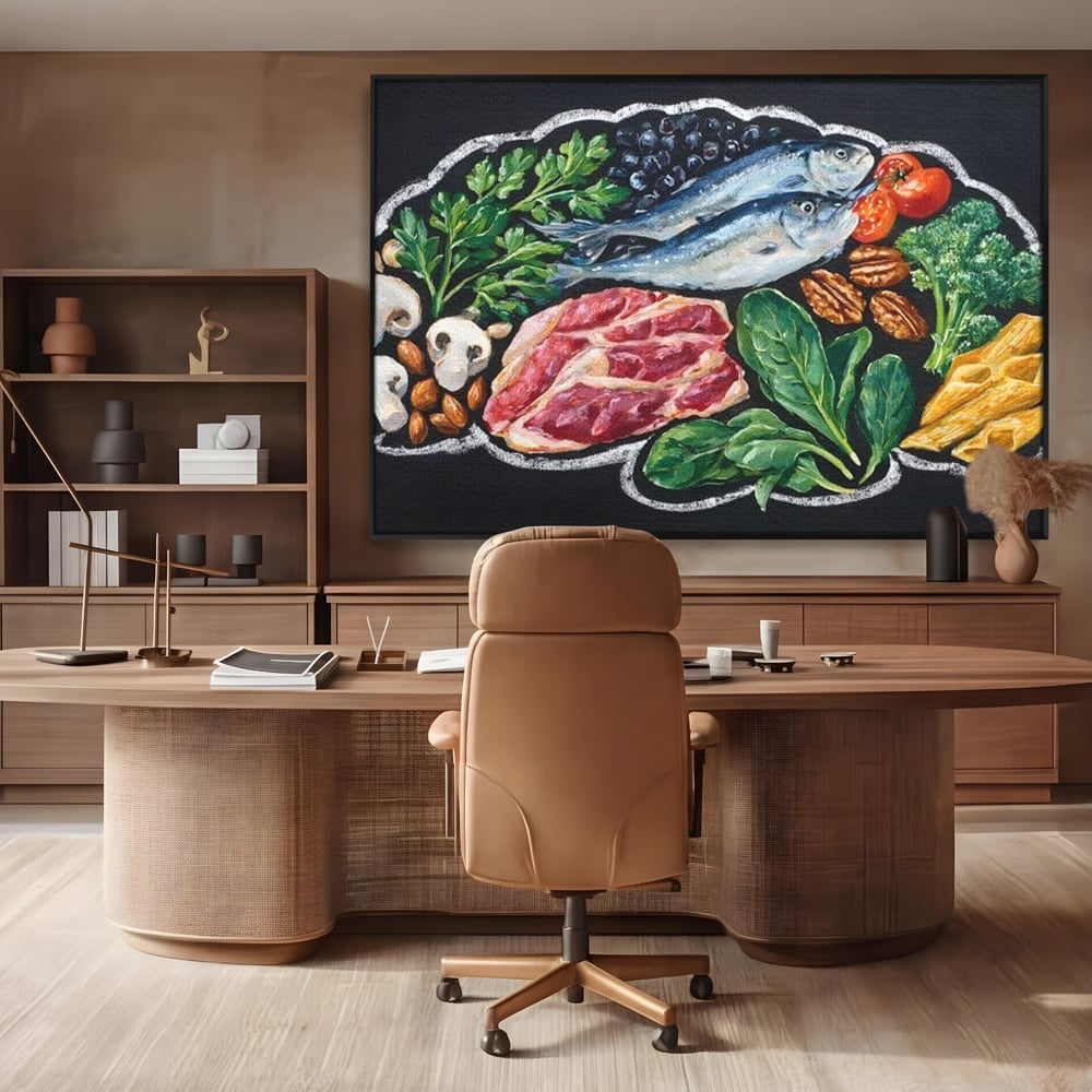 Tablou canvas cu pictura cu alimente variate pe fundal negru, in rama de aluminiu negru, pe perete intr-un birou